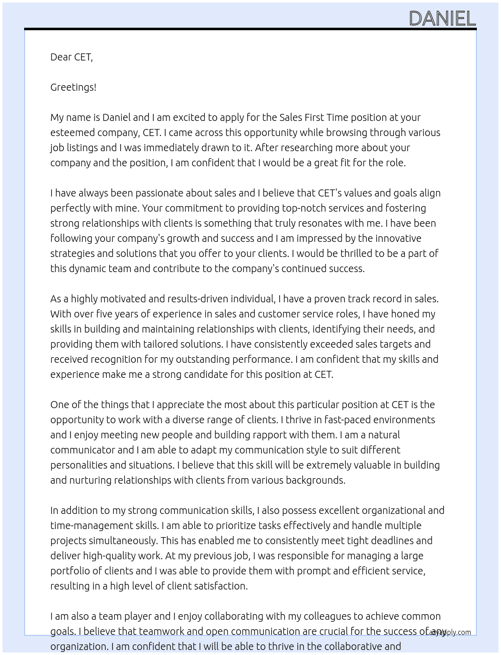 Sales first time At CET Cover Letter