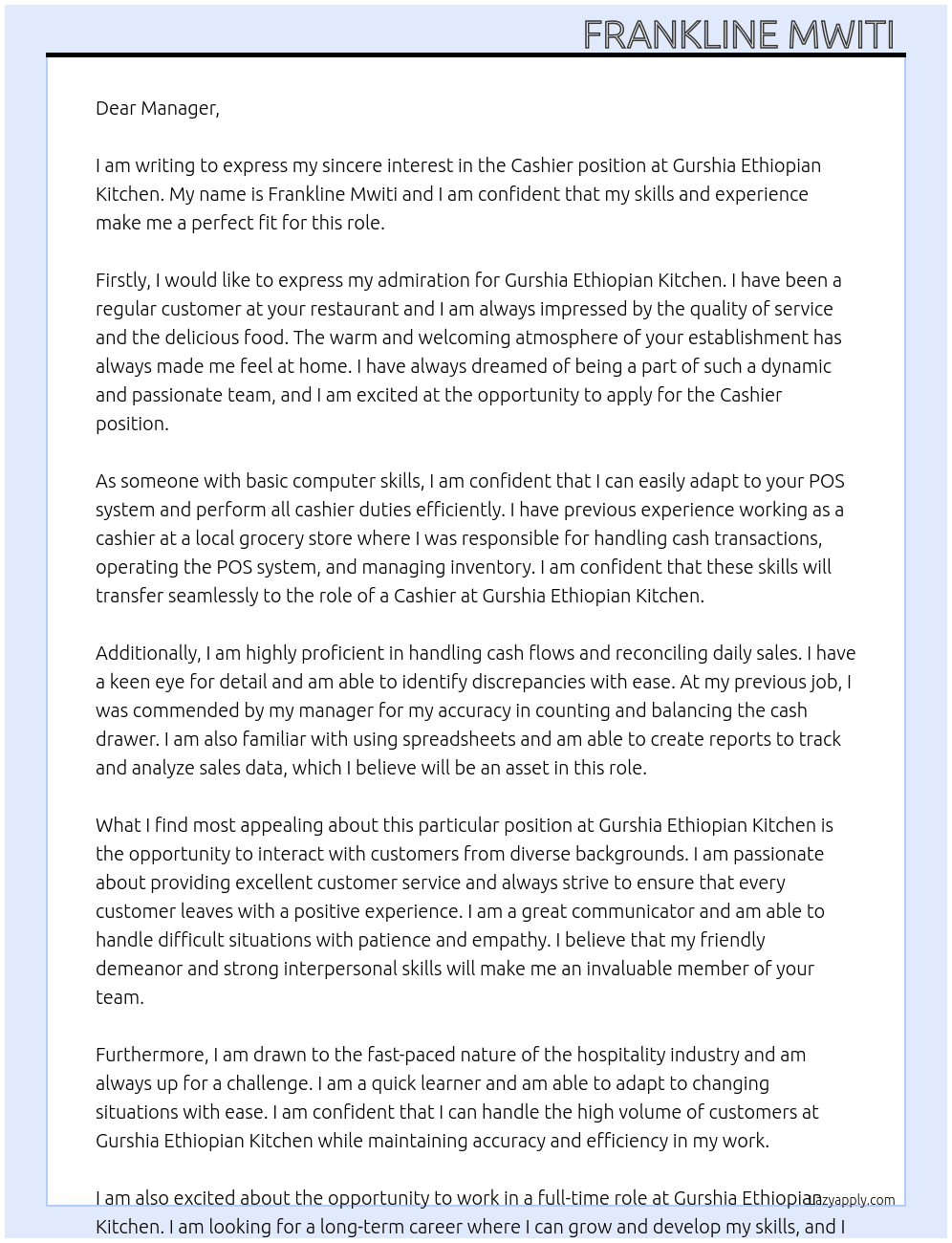 Cashier  At Gurshia Ethiopian kitchen  Cover Letter