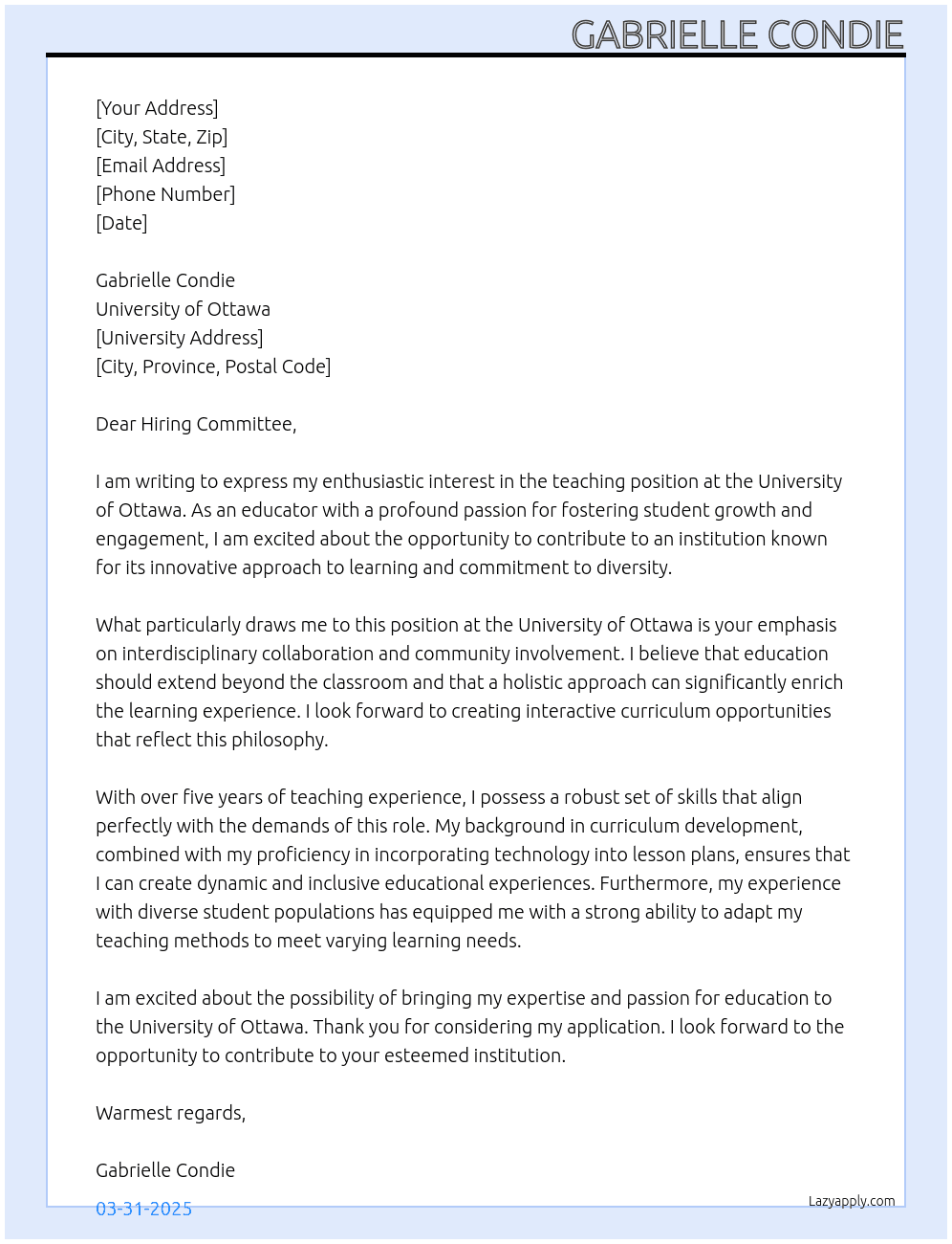 Teacher  At University of Ottawa Cover Letter
