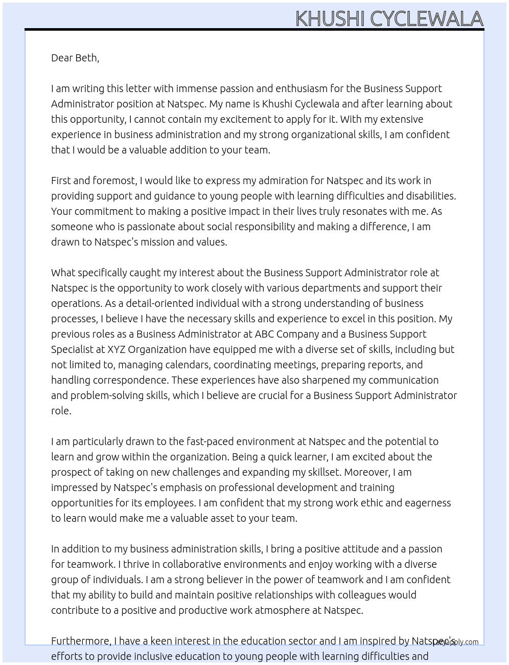 Business Support Administrator At Natspec  Cover Letter