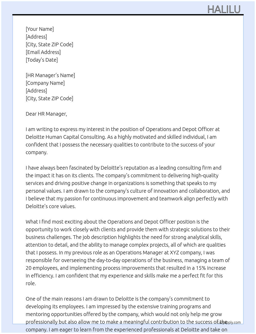 Cover letter for operations and depot officer - LazyApply