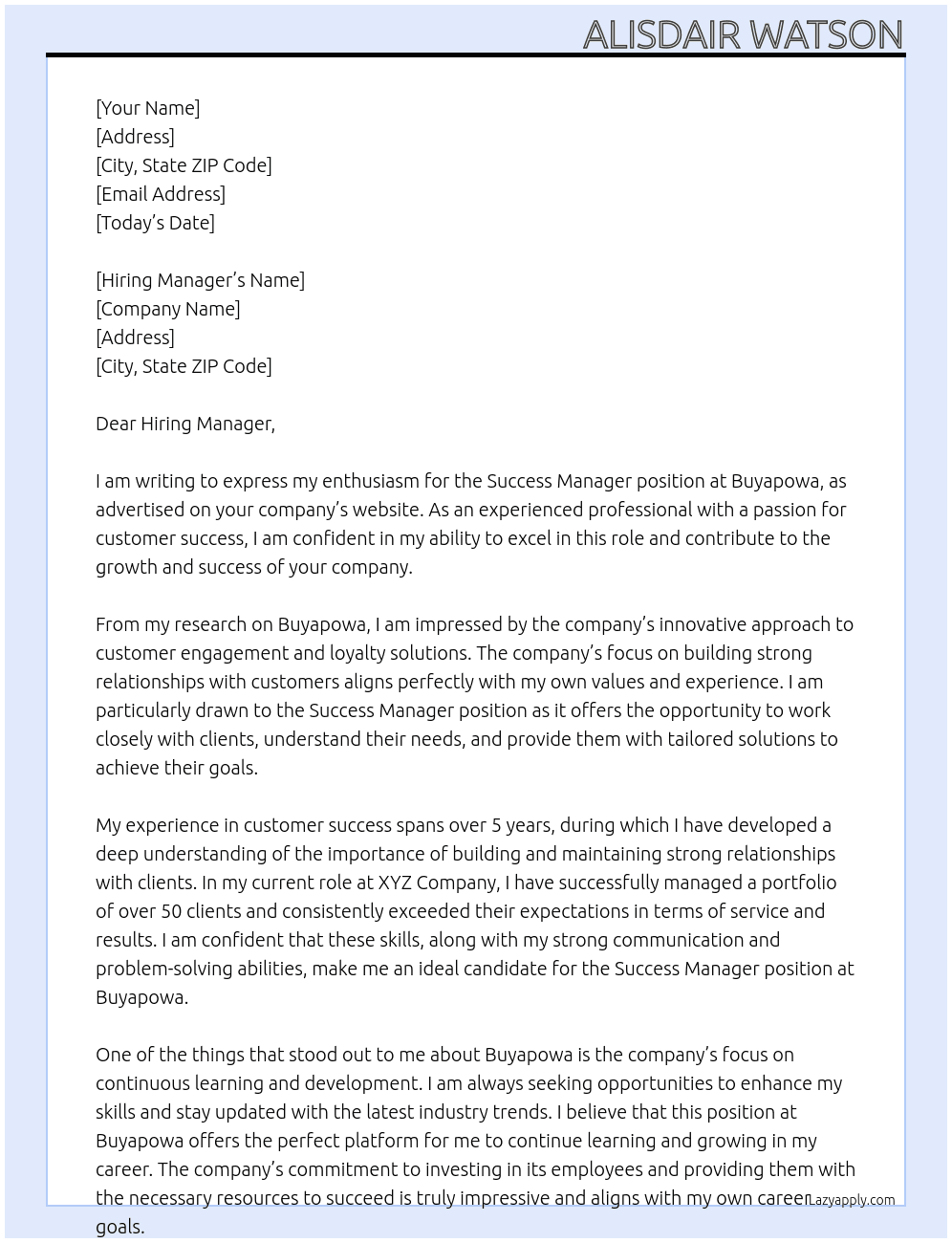 Success Manager At Buyapowa Cover Letter