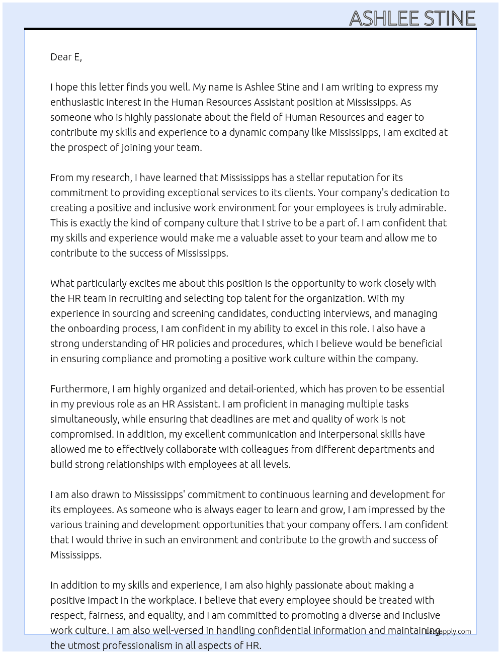 Human Resources Assistant At Mississipps Cover Letter