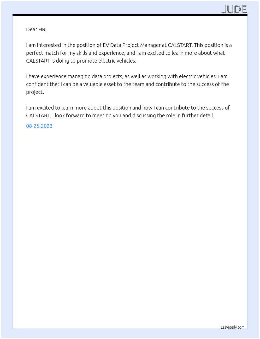 EV Data Project Manager At CALSTART Cover Letter
