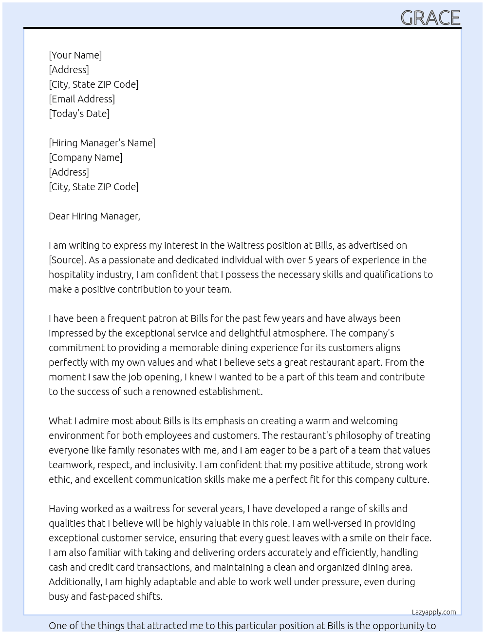 Waitress At Bills Cover Letter