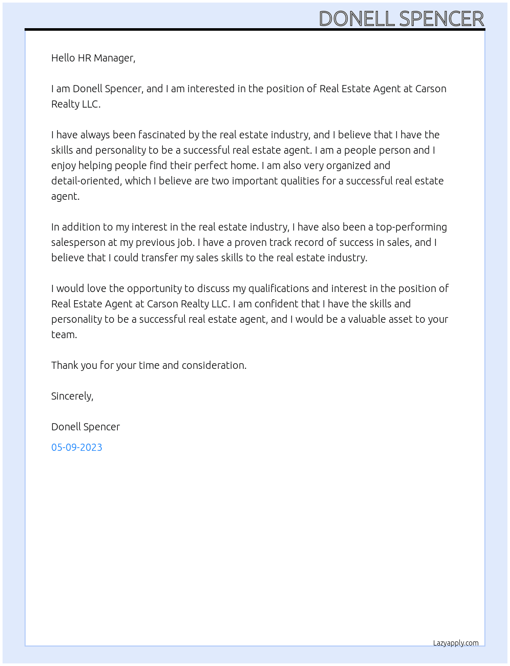 Real Estate Agent At Carson Realty LLC Cover Letter