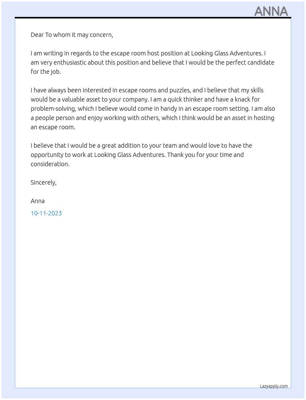 Escape Room Host At Looking Glass Adventures Cover Letter