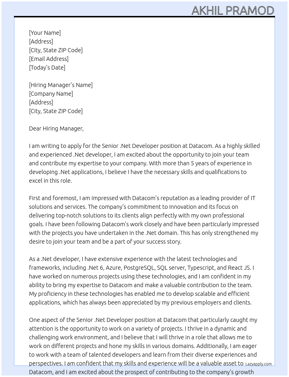 Senior .Net Developer At Datacom Cover Letter