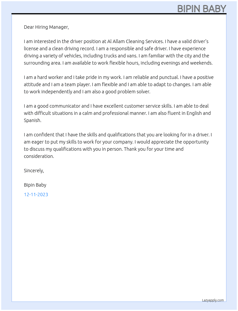 Driver At Al Allam Cleaning Services Cover Letter