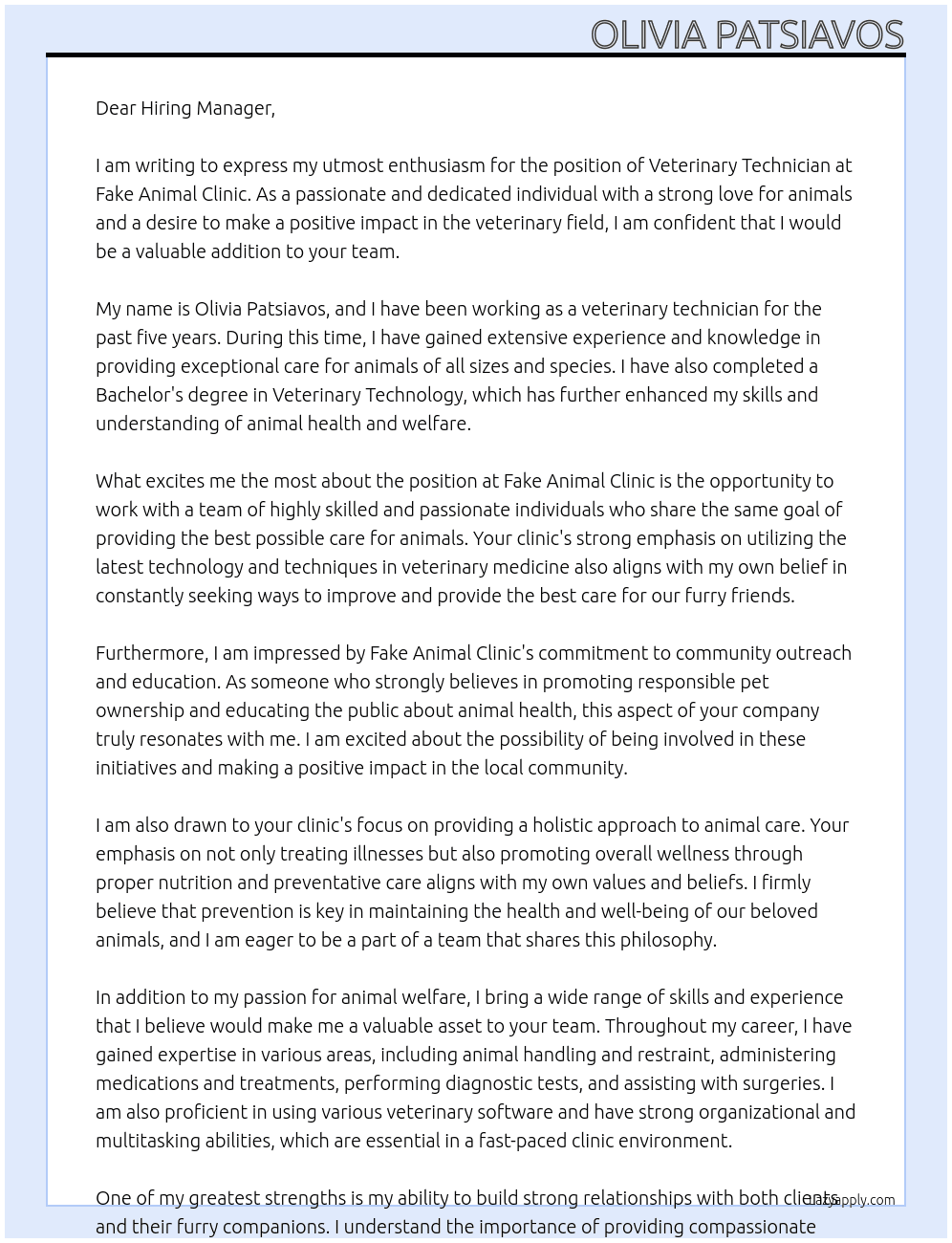 veterinary technician At Fake Animal Clinic  Cover Letter