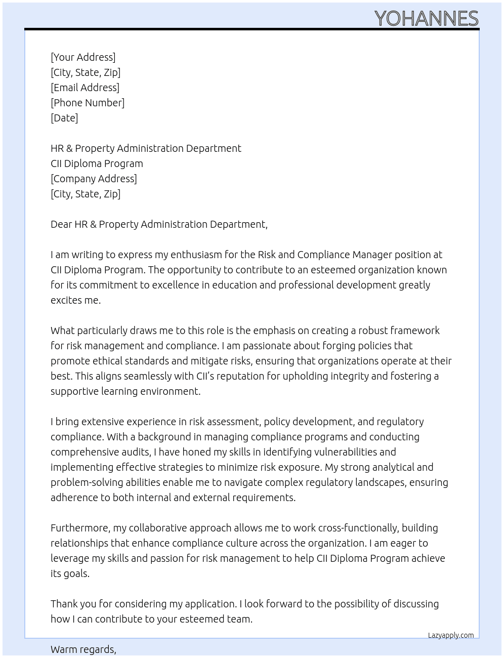 Risk and Compliance Manager At CII Diploma Program Cover Letter