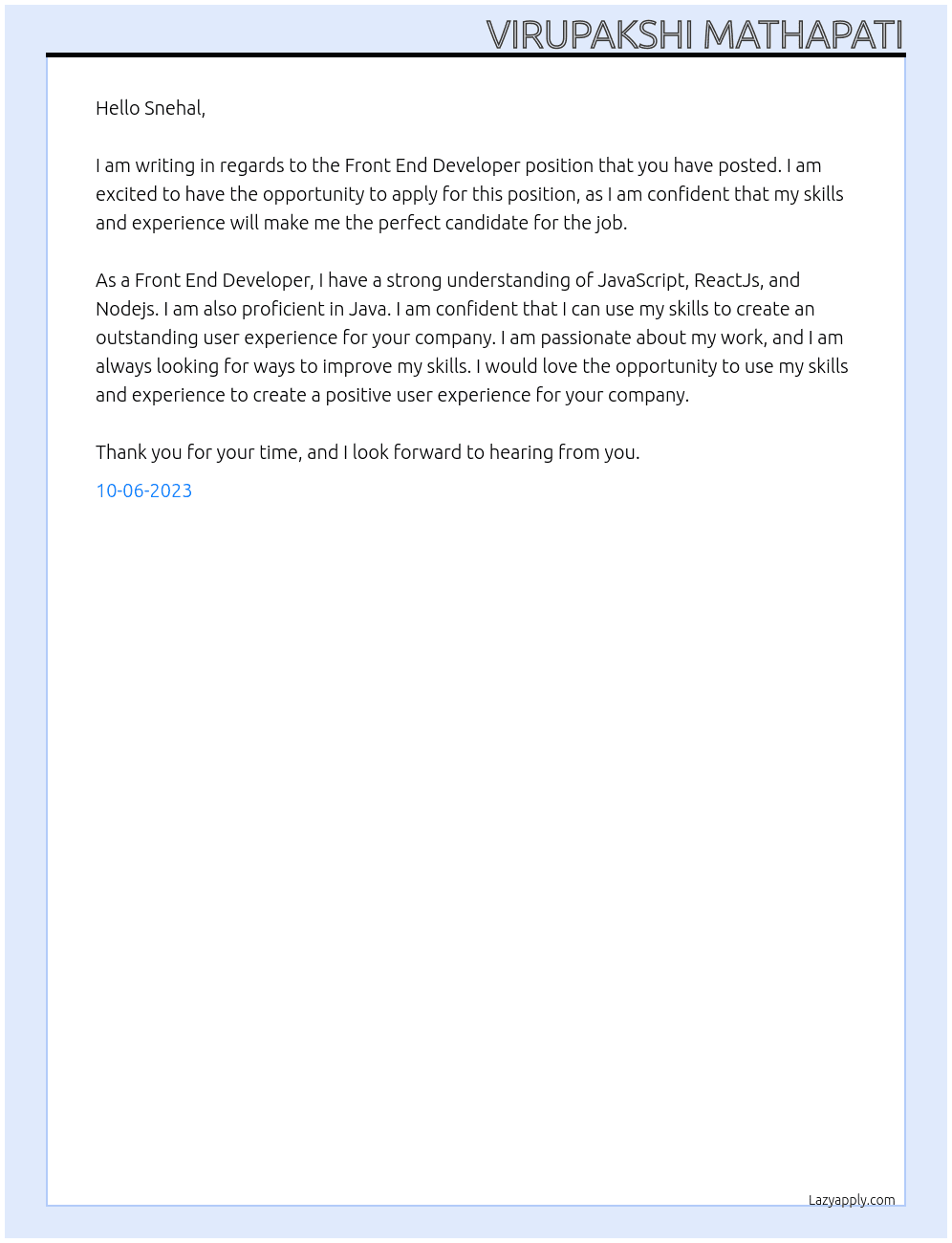 Front End Developer At FlytBase Cover Letter