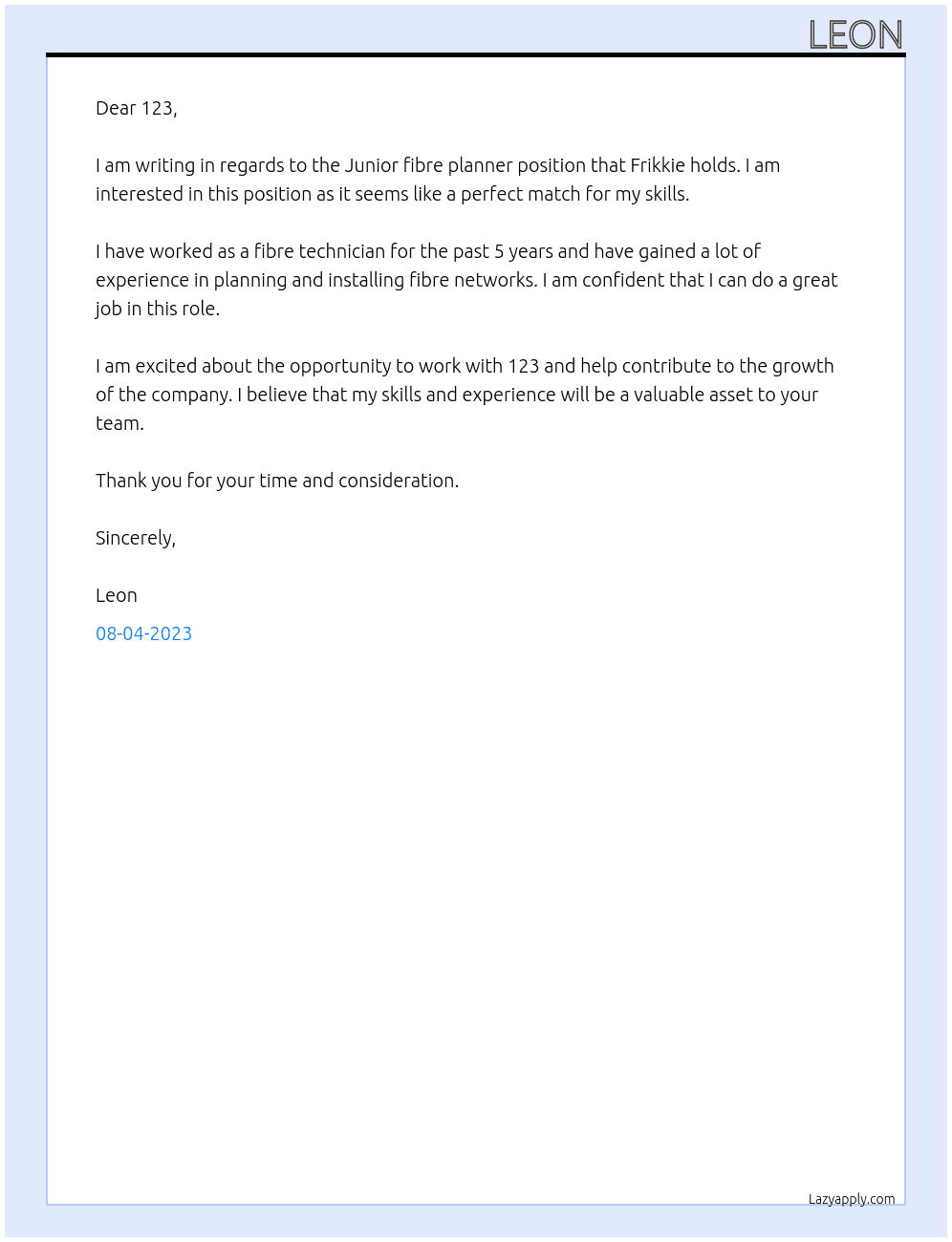 Junior fibre planner At 123 Cover Letter