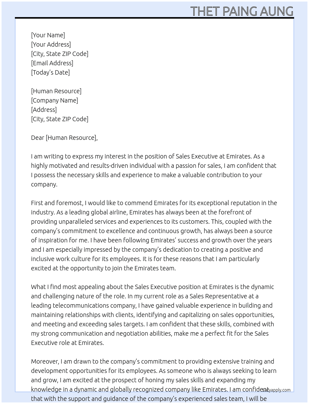 Sale Executive  At Emirates Cover Letter