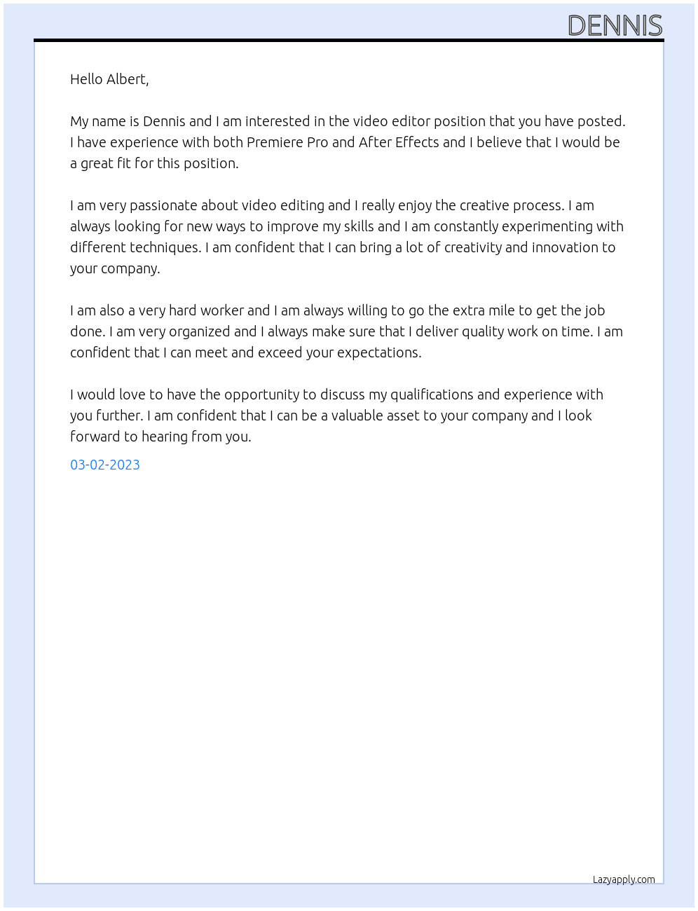 Video editor At Albert Cover Letter