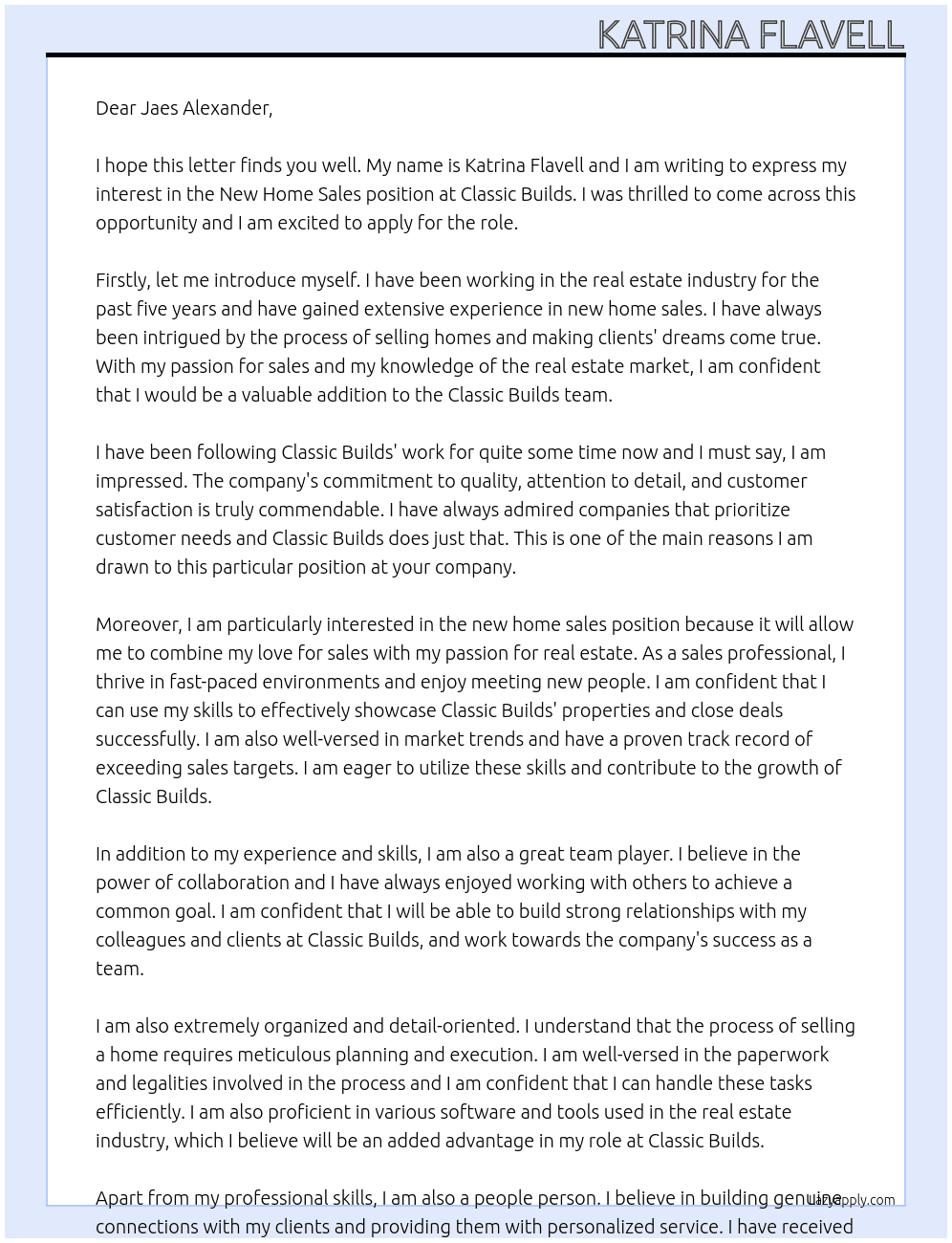 new home sales At Classic Builds Cover Letter