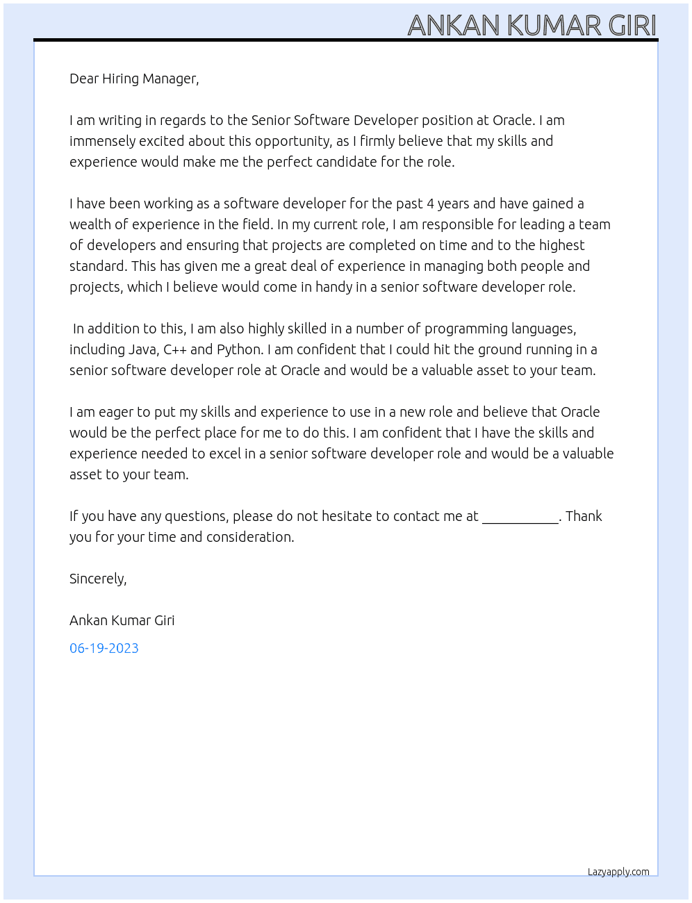Senior Software Developer At Oracle Cover Letter