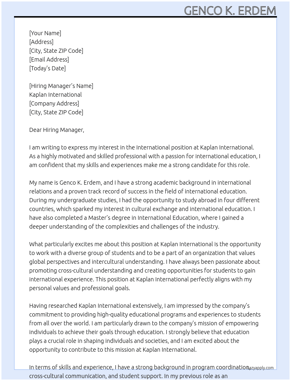 International At Kaplan International Cover Letter