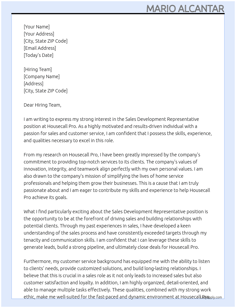 Sales Development Representative At Housecall Pro Cover Letter