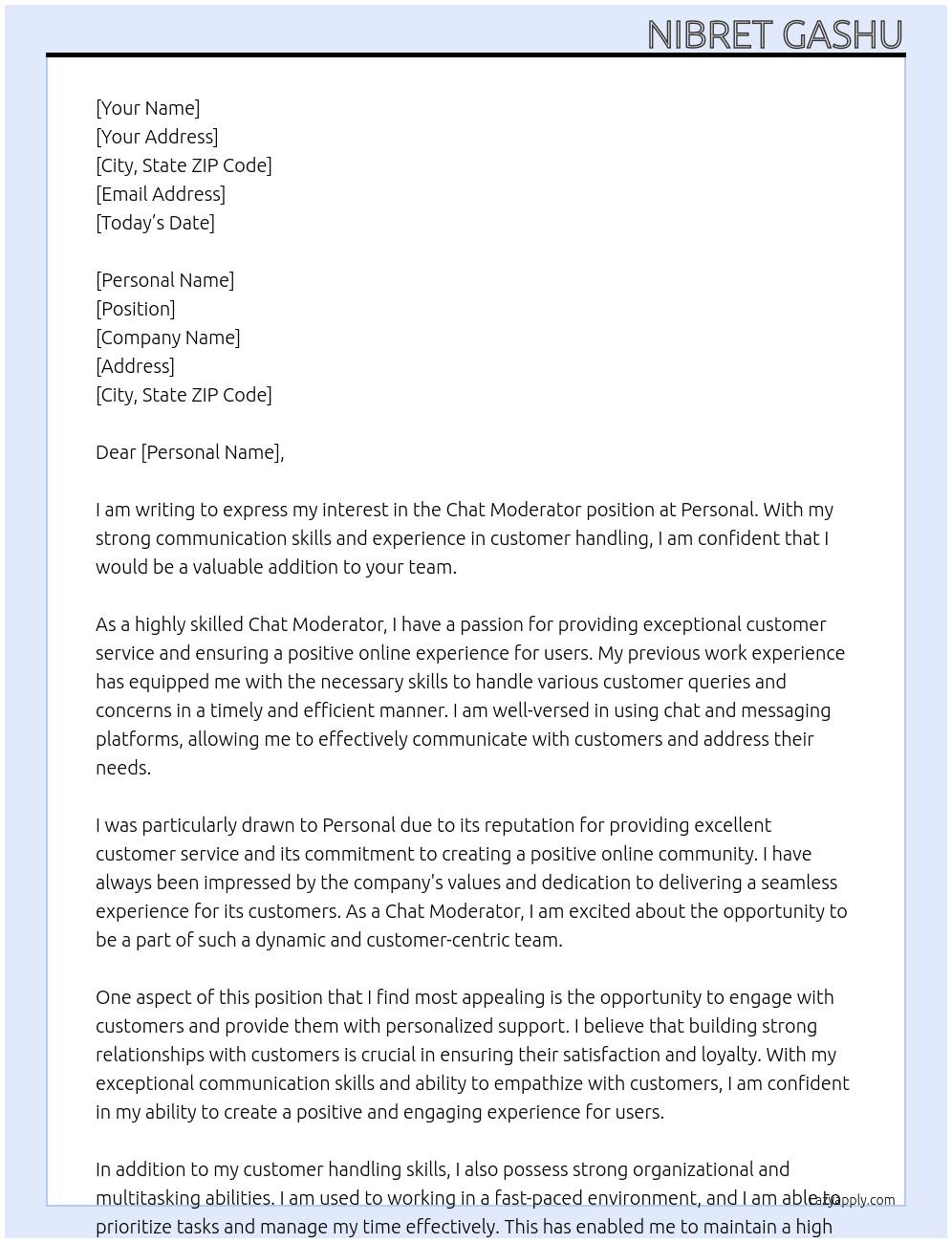 Chat Moderator  At Personal Cover Letter