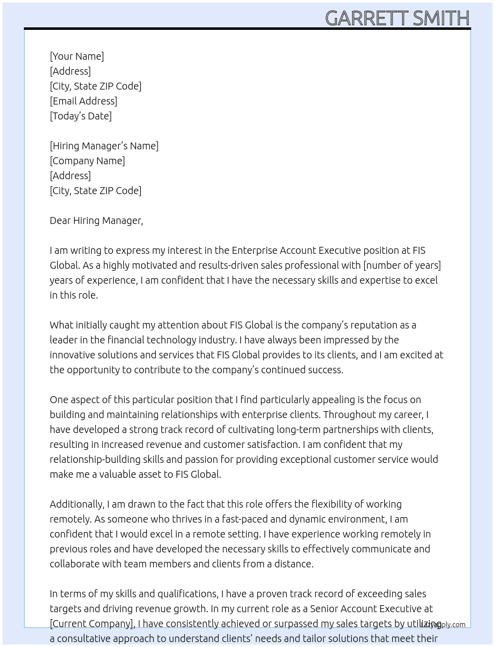 Enterprise Account Executive At FIS Global Cover Letter