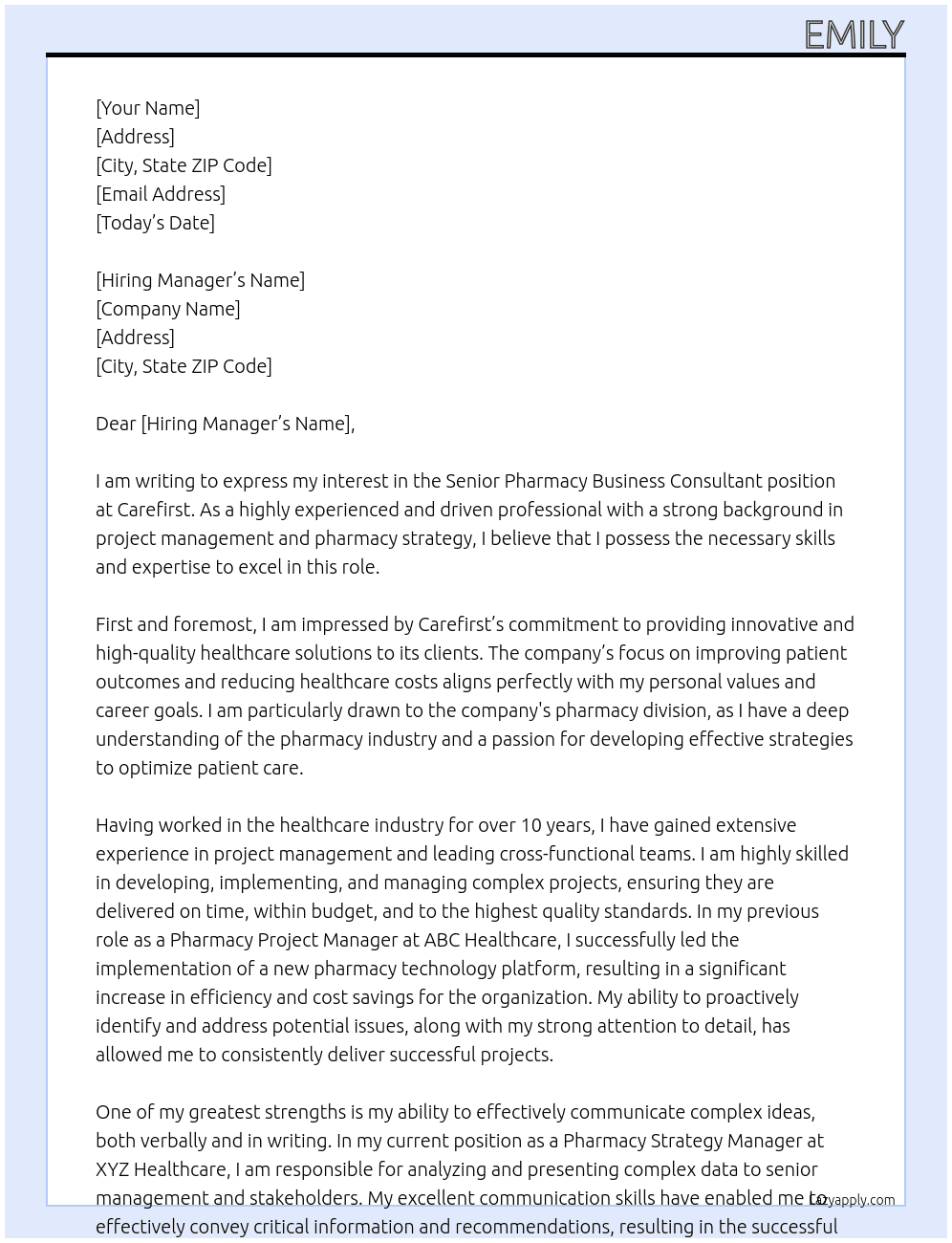 SENIOR PHARMACY BUSINESS CONSULTANT  At Carefirst Cover Letter