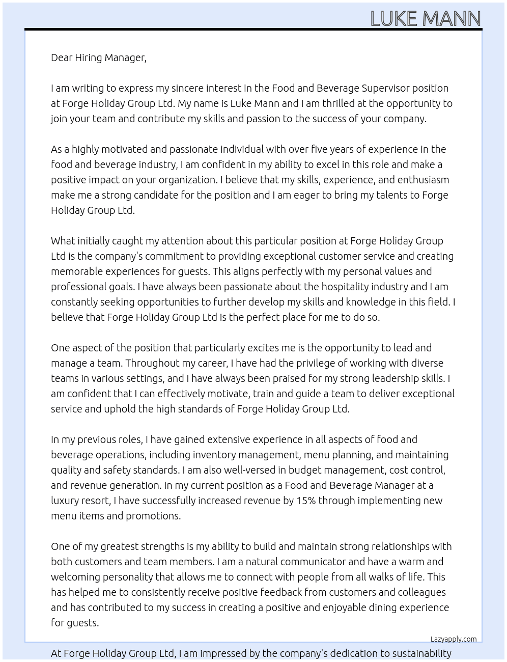 Food and Beverage Supervisor At Forge Holiday Group Ltd Cover Letter