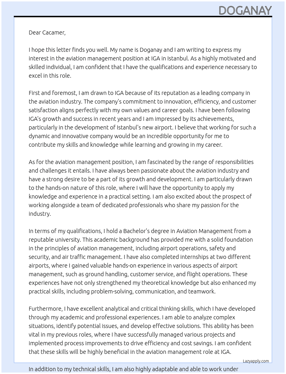 aviation management At IGA Cover Letter