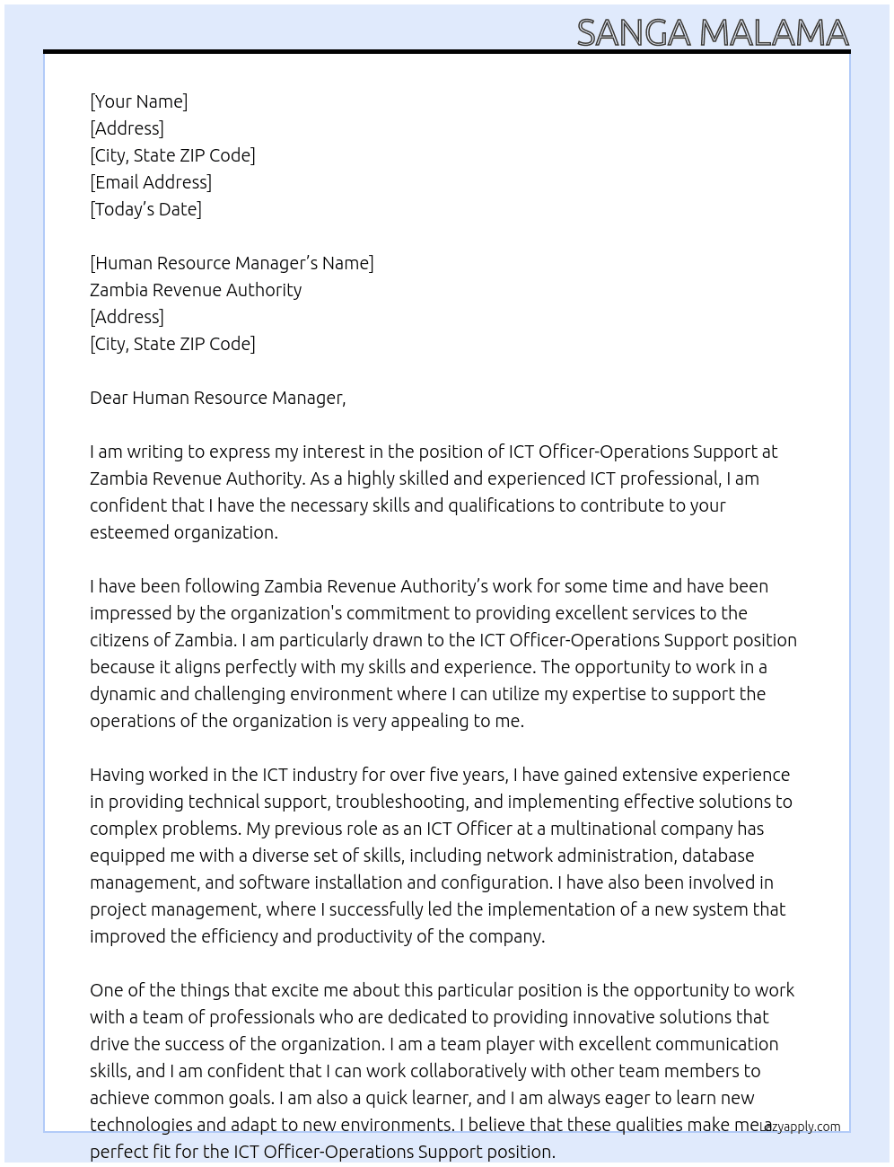 ICT OFFICER-OPERATIONS SUPPORT, At Zambia revenue authority  Cover Letter