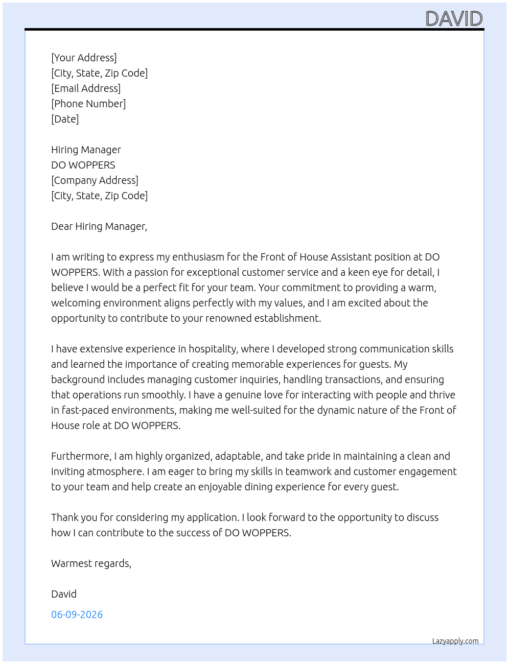 Front of House assistant At DO WOPPERS Cover Letter