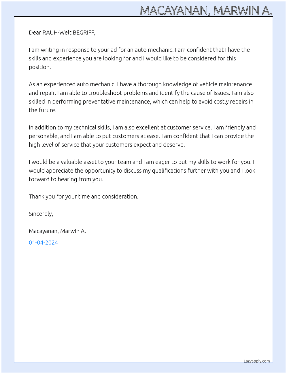 Auto mechanic  At RAUH-Welt BEGRIFF Cover Letter