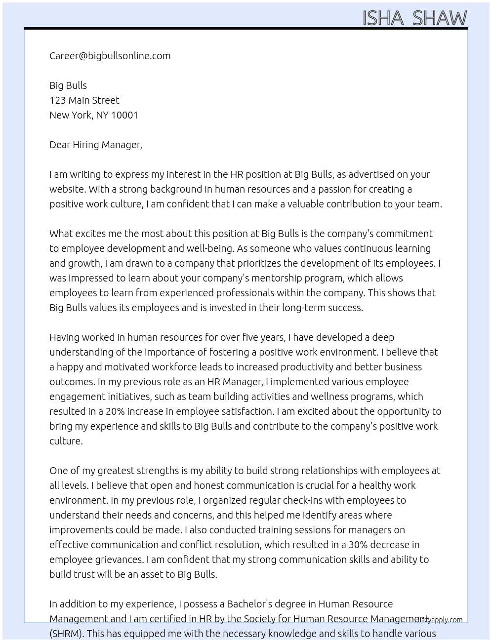 HR At Big bulls Cover Letter