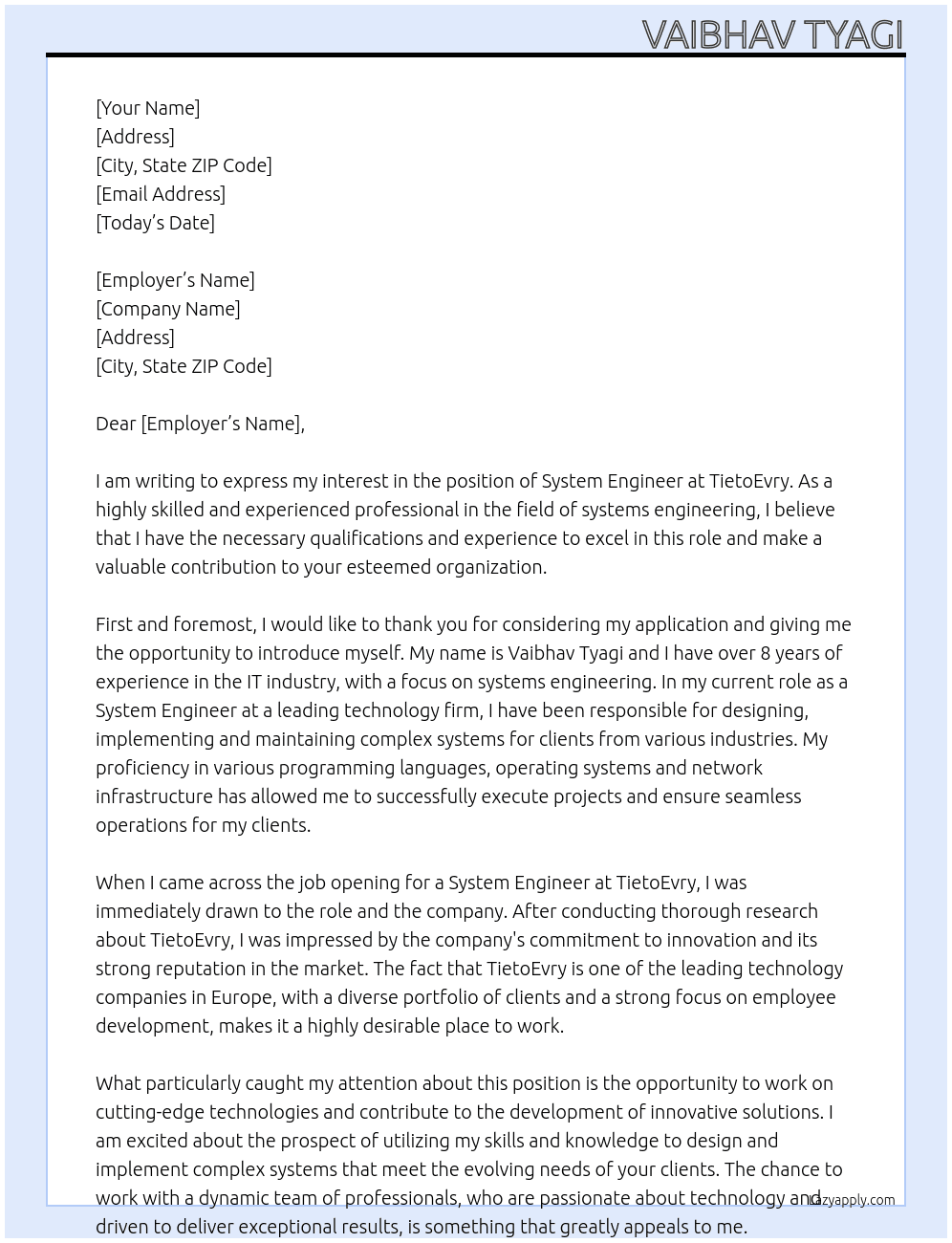 System Enginner At TietoEvry Cover Letter