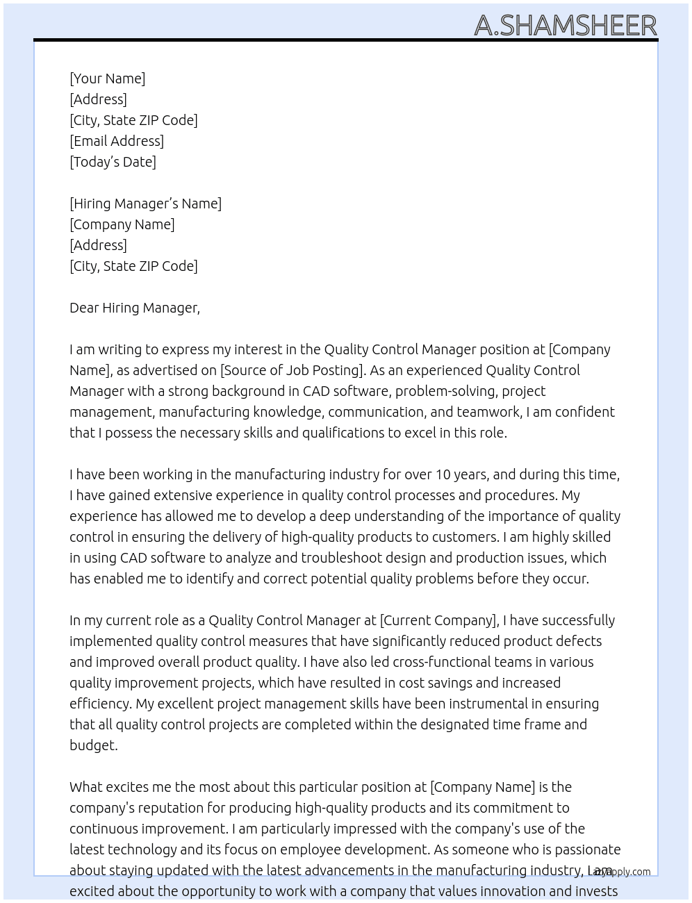 Quality control Manager  At .. Cover Letter