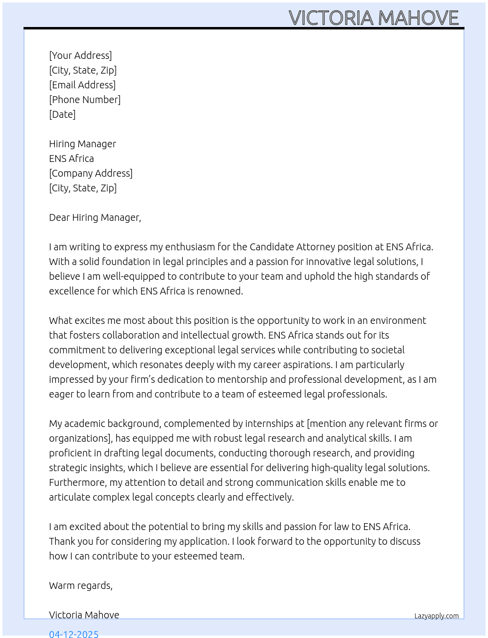 candidate attorney  At ENS Africa  Cover Letter