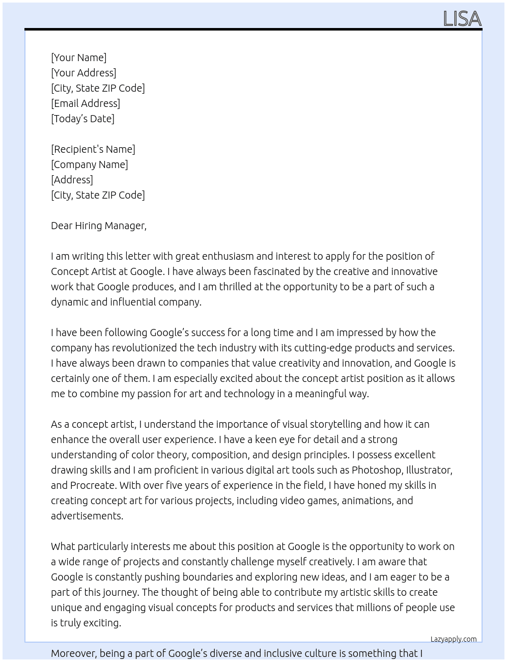 concept artist At Google Cover Letter