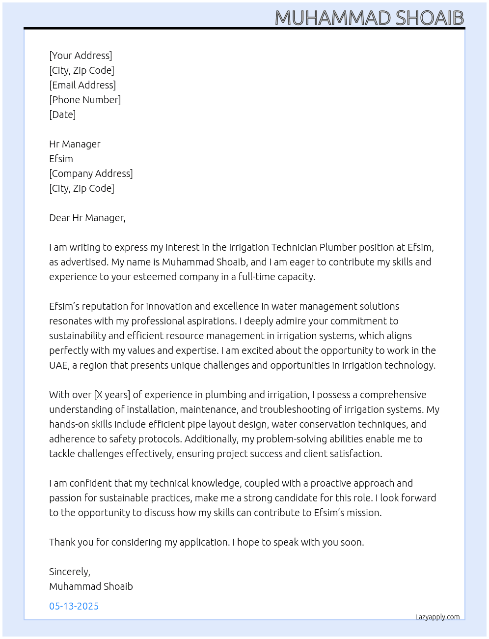 Irriagtion Technition Plumber At Efsim  Cover Letter