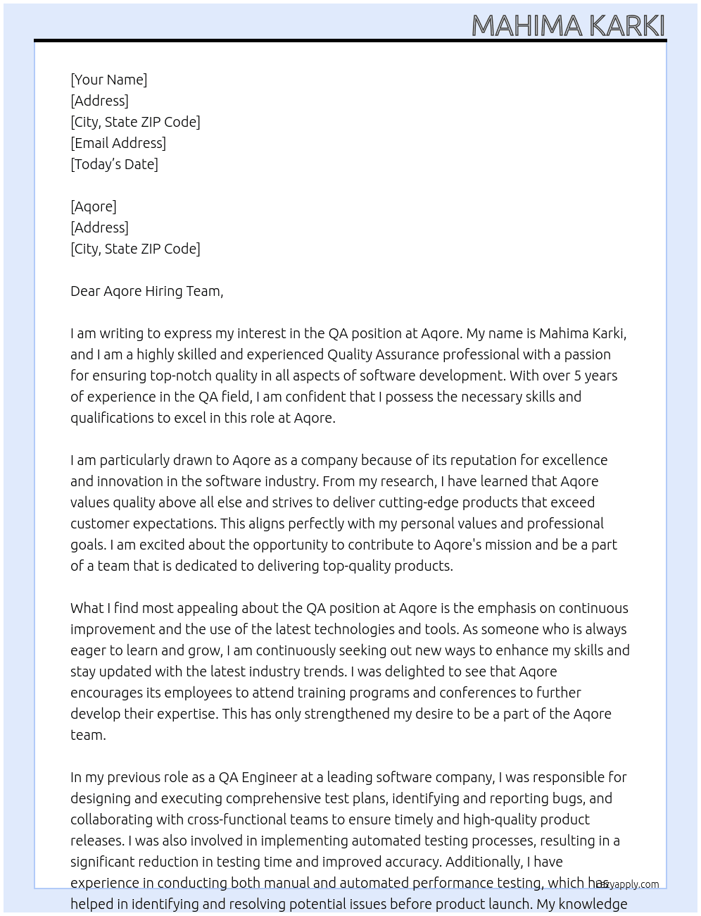 QA At Aqore Cover Letter