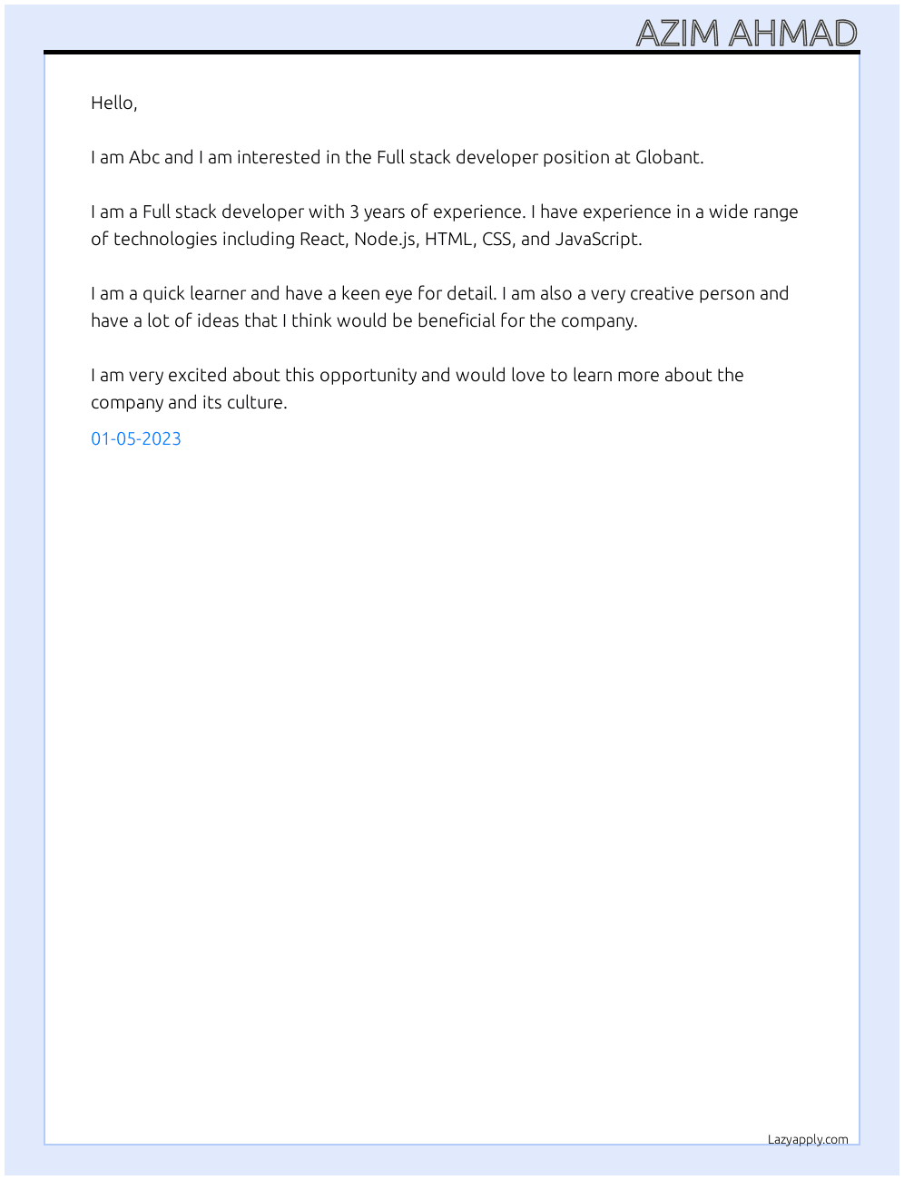 Full stack developer  At Globant Cover Letter