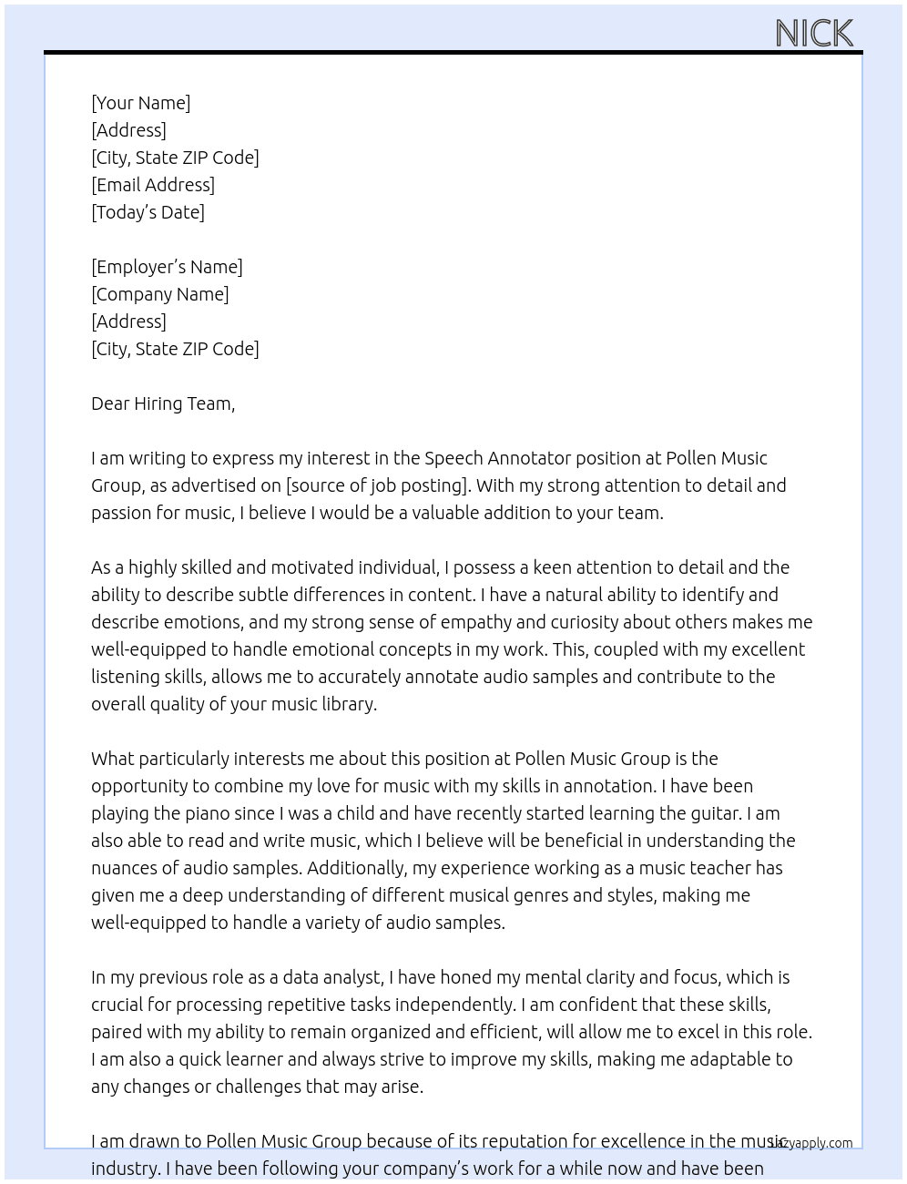 Speech Annotator At Pollen Music Group Cover Letter