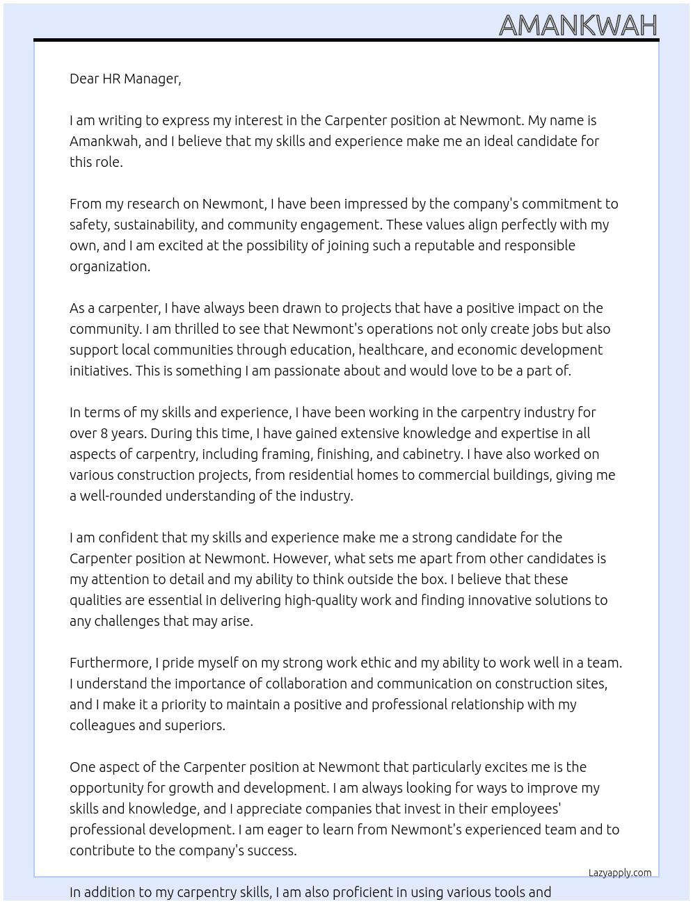 carpenter At newmont Cover Letter
