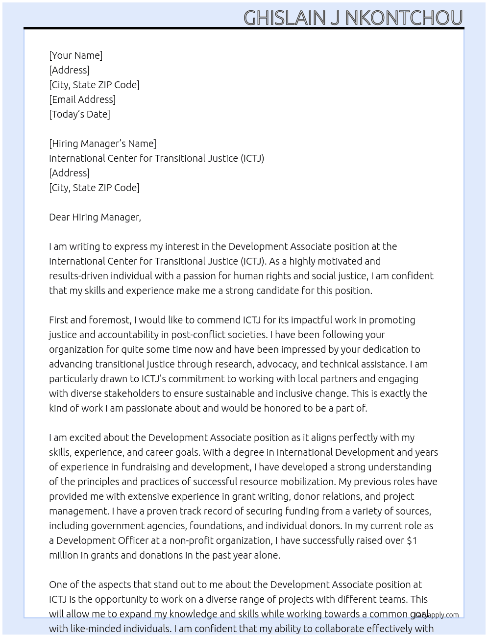 Development Associate At International Center for Transitional Justice (ICTJ) Cover Letter