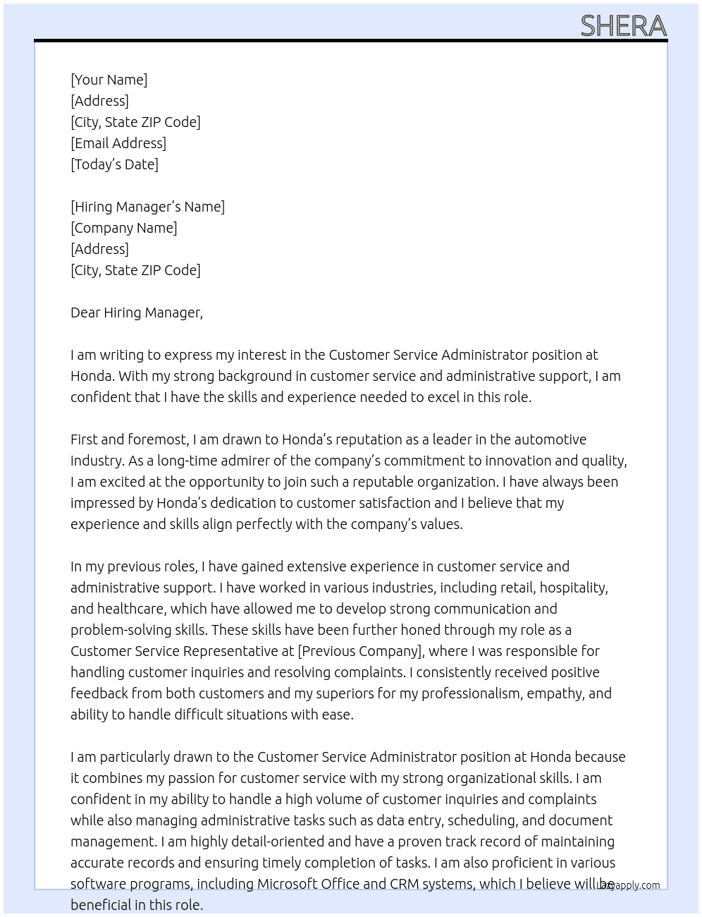 Customer Service Administrator At Honda Cover Letter