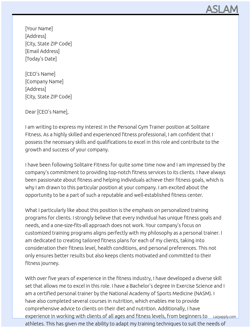 Personal gym trainer  At Solitaire fitness Cover Letter