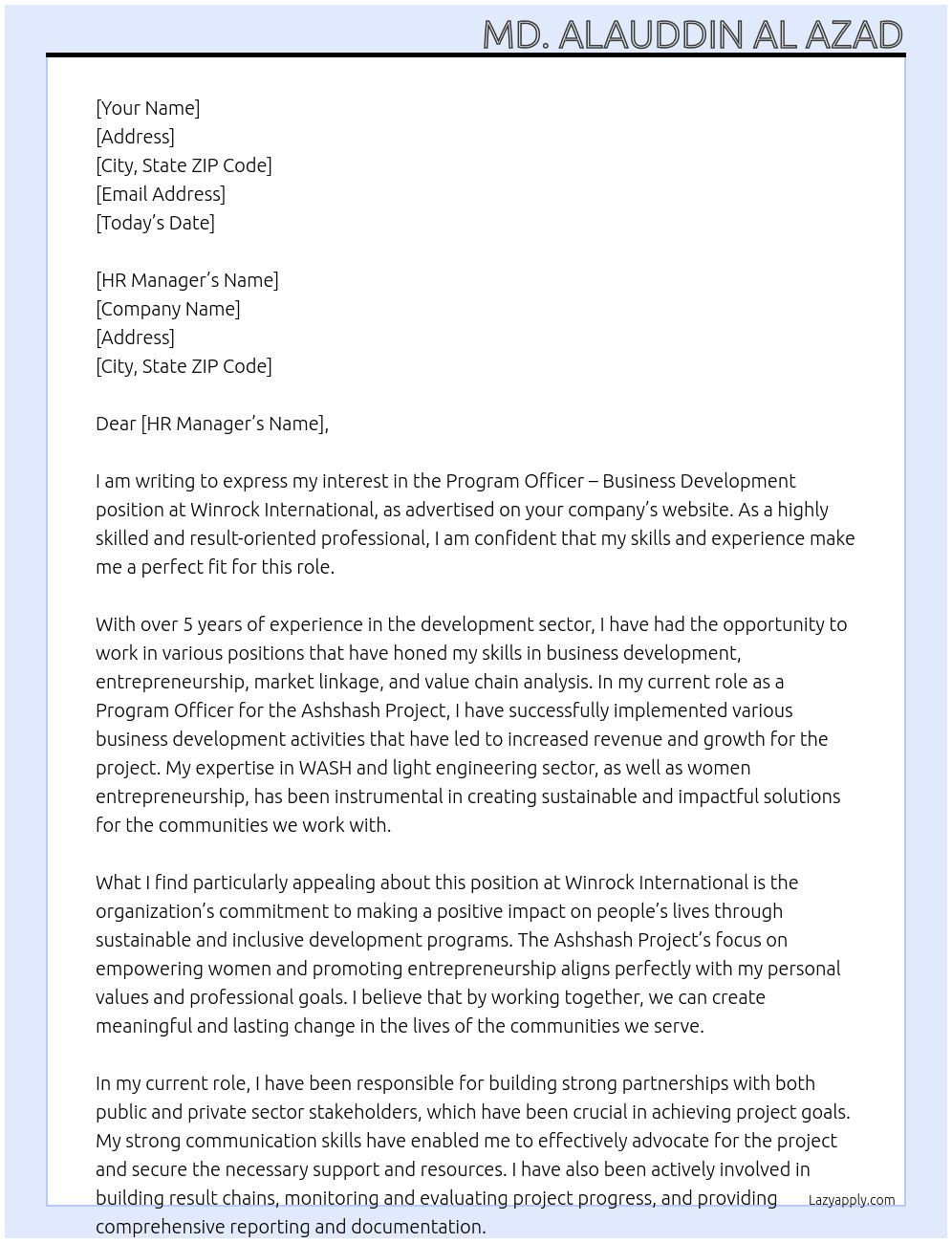 Program Officer – Business Development, Ashshash Project At Winrock International Cover Letter