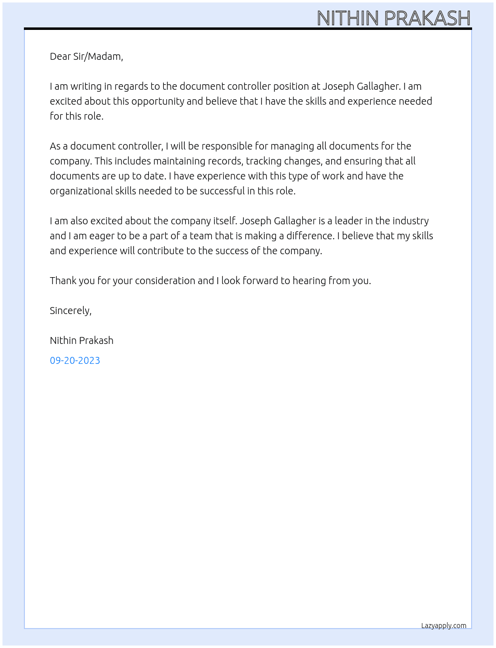Document controller  At Joseph Gallagher Cover Letter