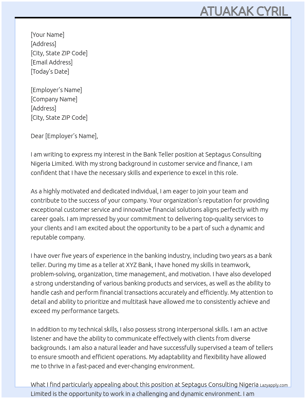 Bank teller At Septagus Consulting Nigeria Limited Cover Letter