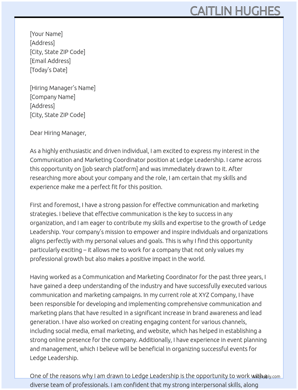 Communication and Marketing Coordinator  At Ledge Leadership Cover Letter