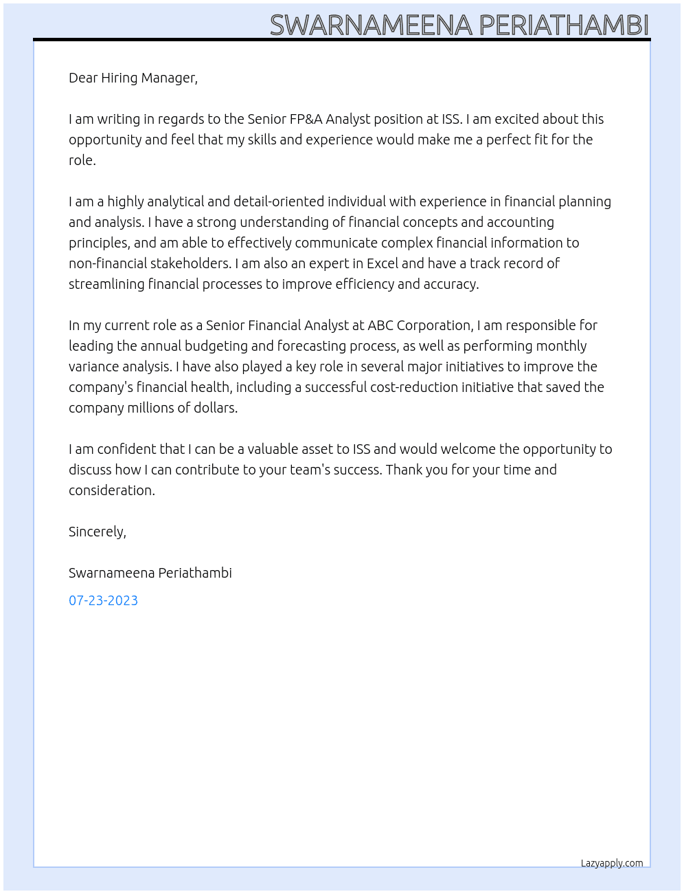 Senior FP&A Analyst At ISS Cover Letter