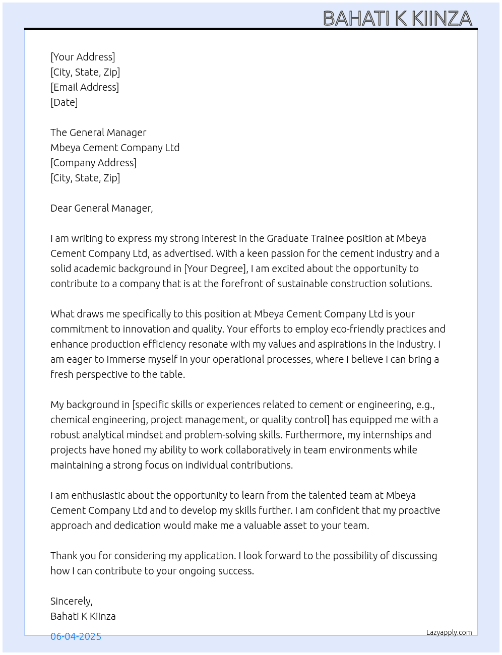 Graduate trainee  At MBEYA CEMENT COMPANY LTD Cover Letter